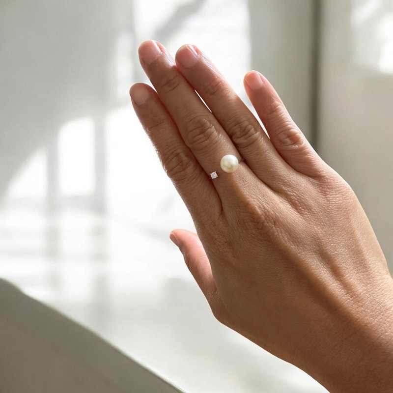 月映海光 Akoya 珍珠戒 - 戒指 - 银 银色