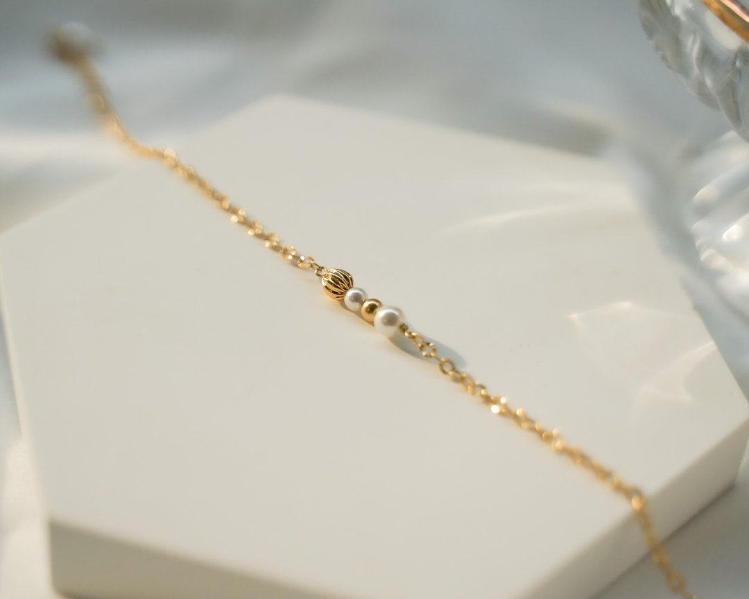 复古罗纹 925纯银镀18k金 手工淡水珍珠手链 - 手链/手环 - 纯银 金色