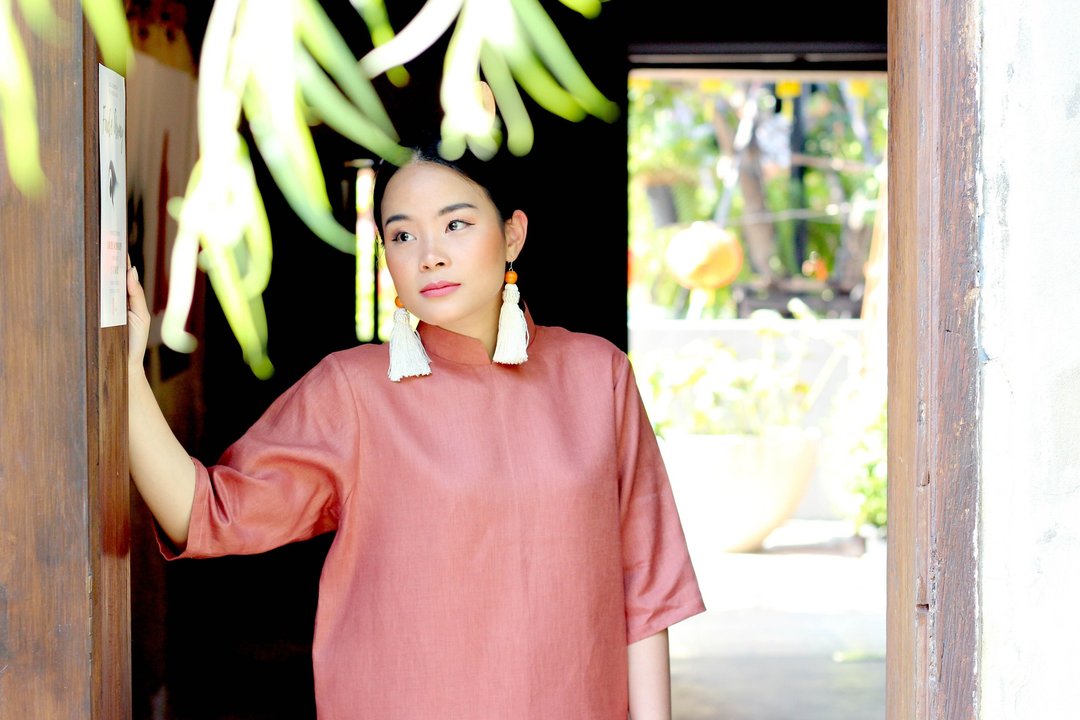 Peony : linen Chinese-collar dress - 洋装/连衣裙 - 棉 粉红色
