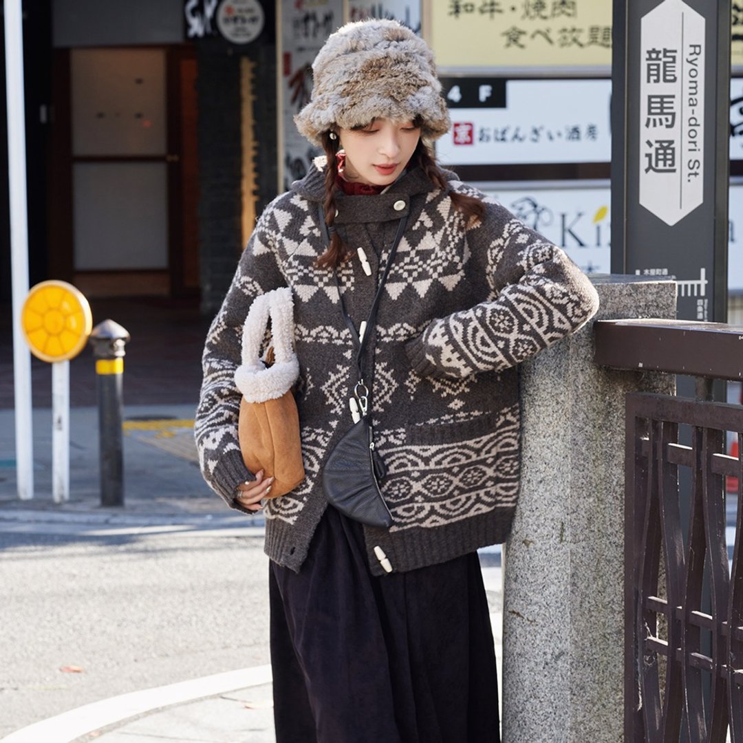羊毛连帽费尔岛开衫|针织衫|毛衣|两色|冬款|Sora-1743 - 女装针织衫/毛衣 - 羊毛 多色