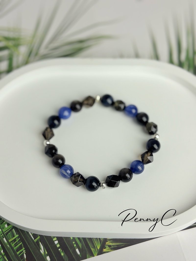 蓝晶石 蓝虎眼 金曜石 银曜石 茶晶  稳定情绪 帮助沟通 喉轮水晶 - 手链/手环 - 水晶 