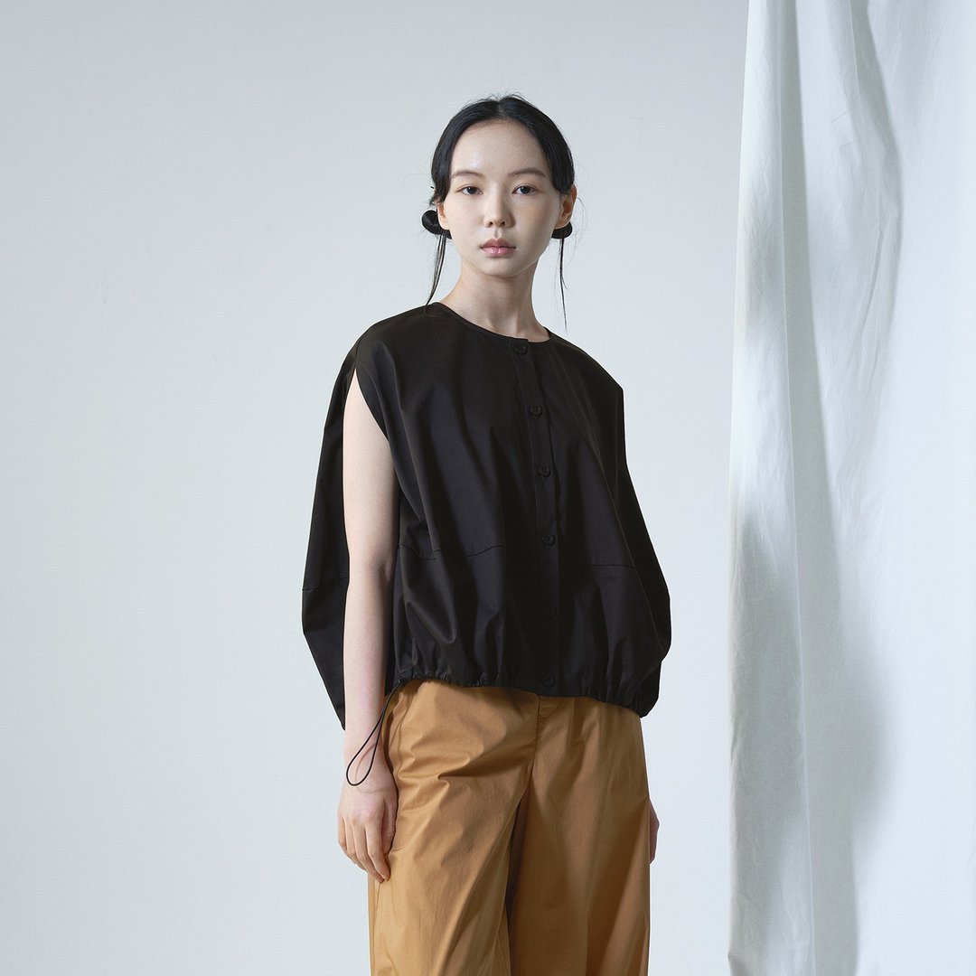 立体侧抽绳无领衬衫 - 女装衬衫 - 棉 黑色