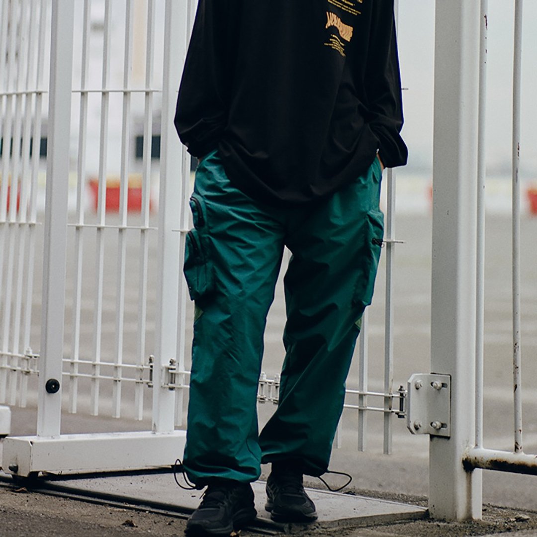 MOKACME 19aw 立体剪裁多袋宽松运动机能束脚 风衣裤 抽绳裤 - 男士长裤 - 聚酯纤维 绿色