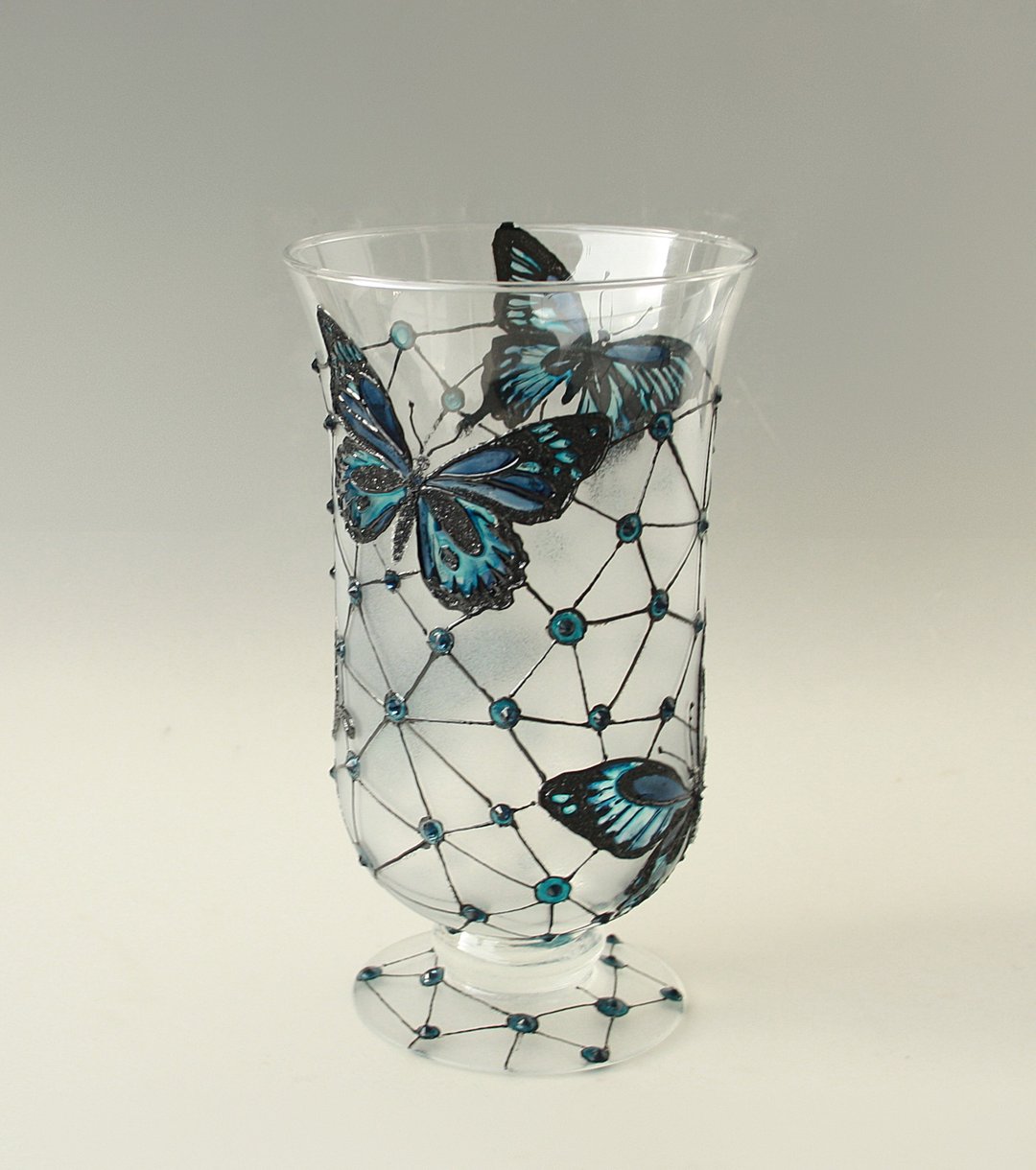 Glass Vase Lamp Candle Holder Blue Butterflies Hand-painted - 摆饰 - 玻璃 蓝色