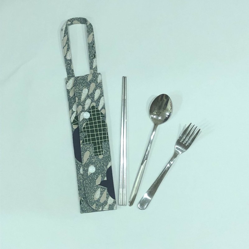 提把环保餐具套- 浅绿底白雨滴 - 筷子/筷架 - 棉．麻 绿色