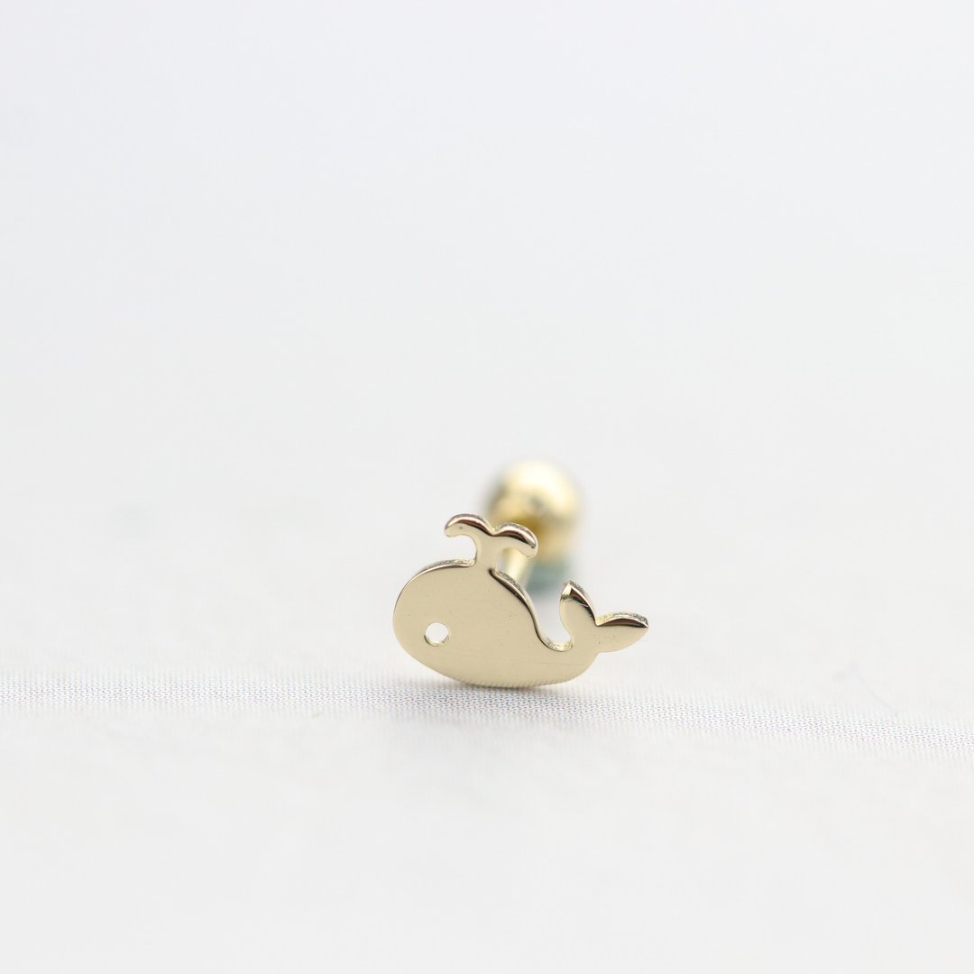 14K Whale Piercing 座头鲸锁珠耳环 (单个)耳骨 耳窝 不退色 - 耳环/耳夹 - 贵金属 金色