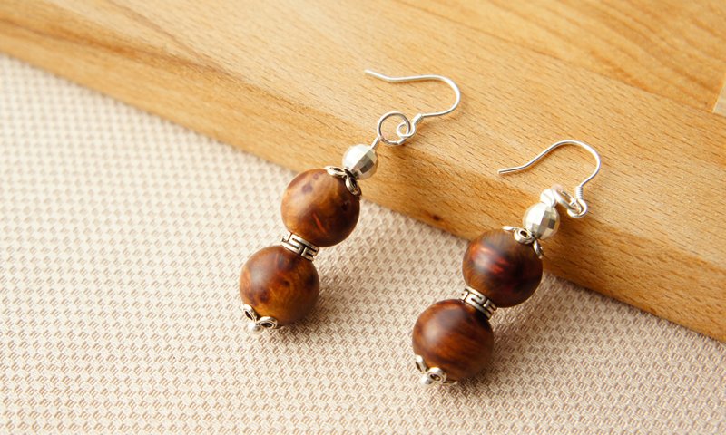 CYPRESS 肖楠木质耳环-双层纯银设计款 - 耳环/耳夹 - 木头 咖啡色