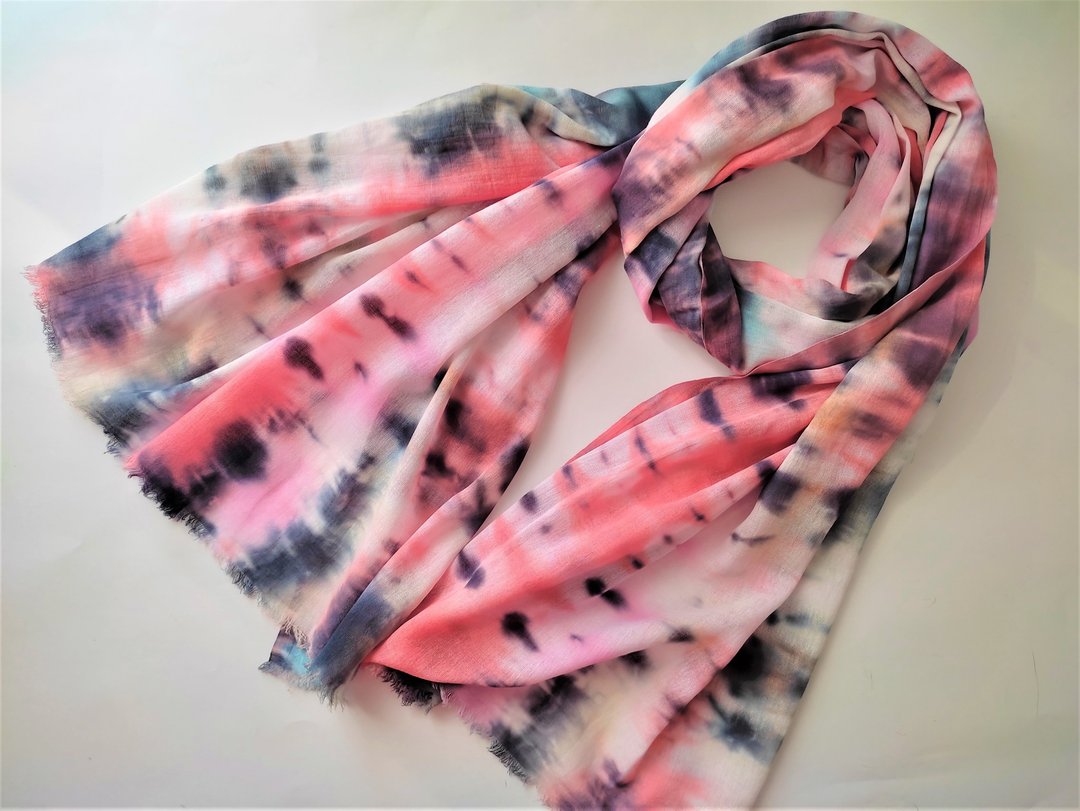 Hand-dyed original cotton scarf. Tie dye orange pink long scarf. Tie dye scarf - 丝巾 - 棉 粉红色