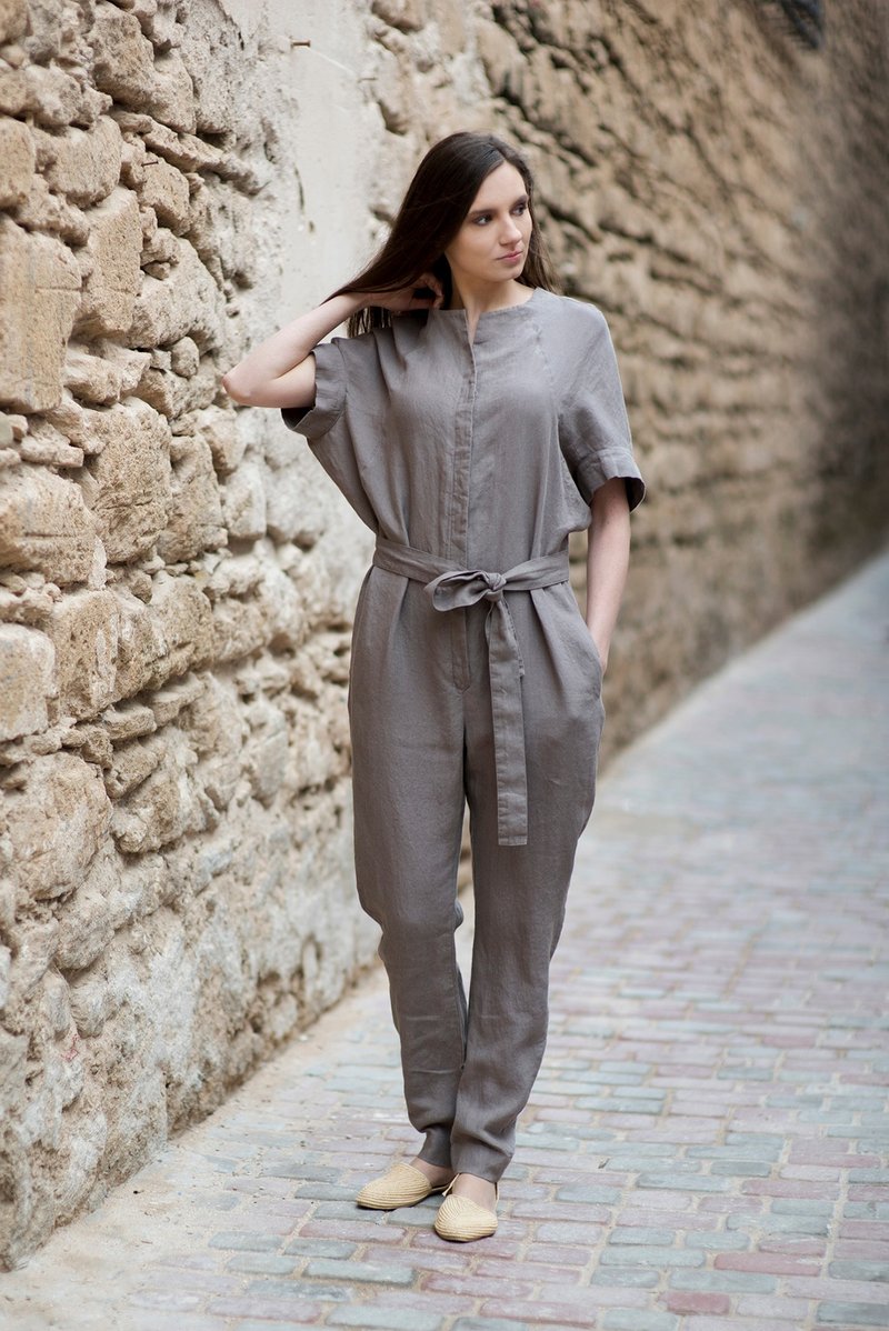 Linen Jumpsuit Motumo 16K3 - 背带裤/连体裤 - 亚麻 多色