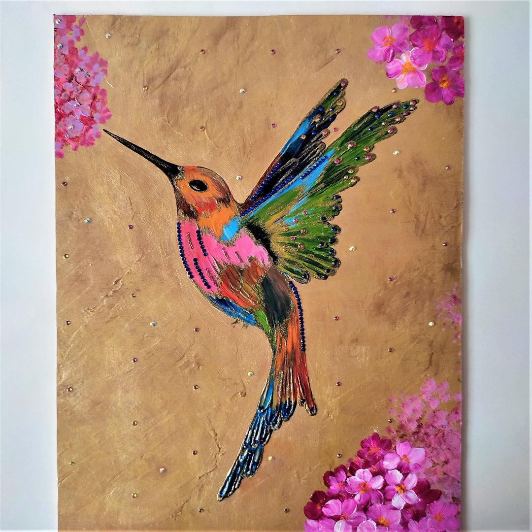 Bird painting Hummingbird original artwork Cherry Blossom Hanging Painting Gift - 墙贴/壁贴 - 压克力 多色