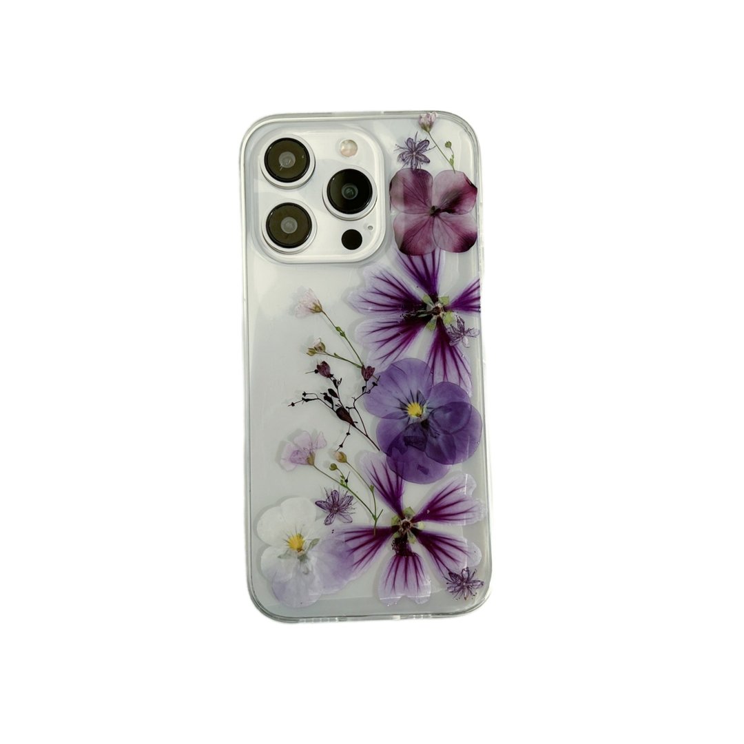 紫色三色堇绣球花押花手机壳适用于iPhone 16 Pro Max SamsungS25 - 手机壳/手机套 - 植物．花 