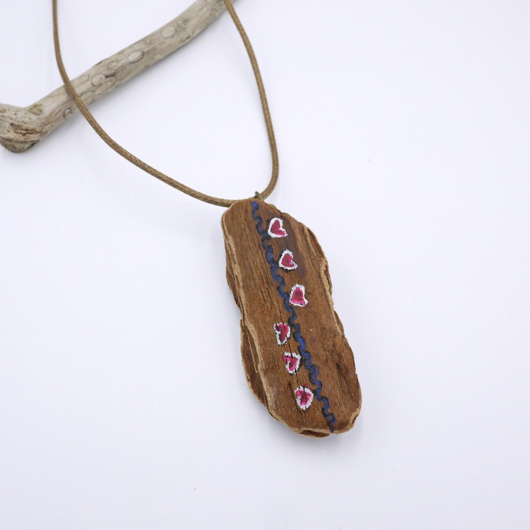木块 自然 手绘图案 项链 颈链 Upcycling 升级再造 环保 - 蓝、粉 - 颈链 - 木头 粉红色