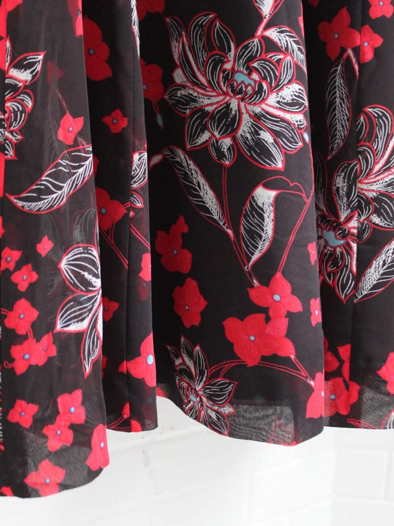 夏日本制日系复古蜷川实花风花朵细致雪纺黑色短袖古着洋装 - 洋装/连衣裙 - 聚酯纤维 黑色