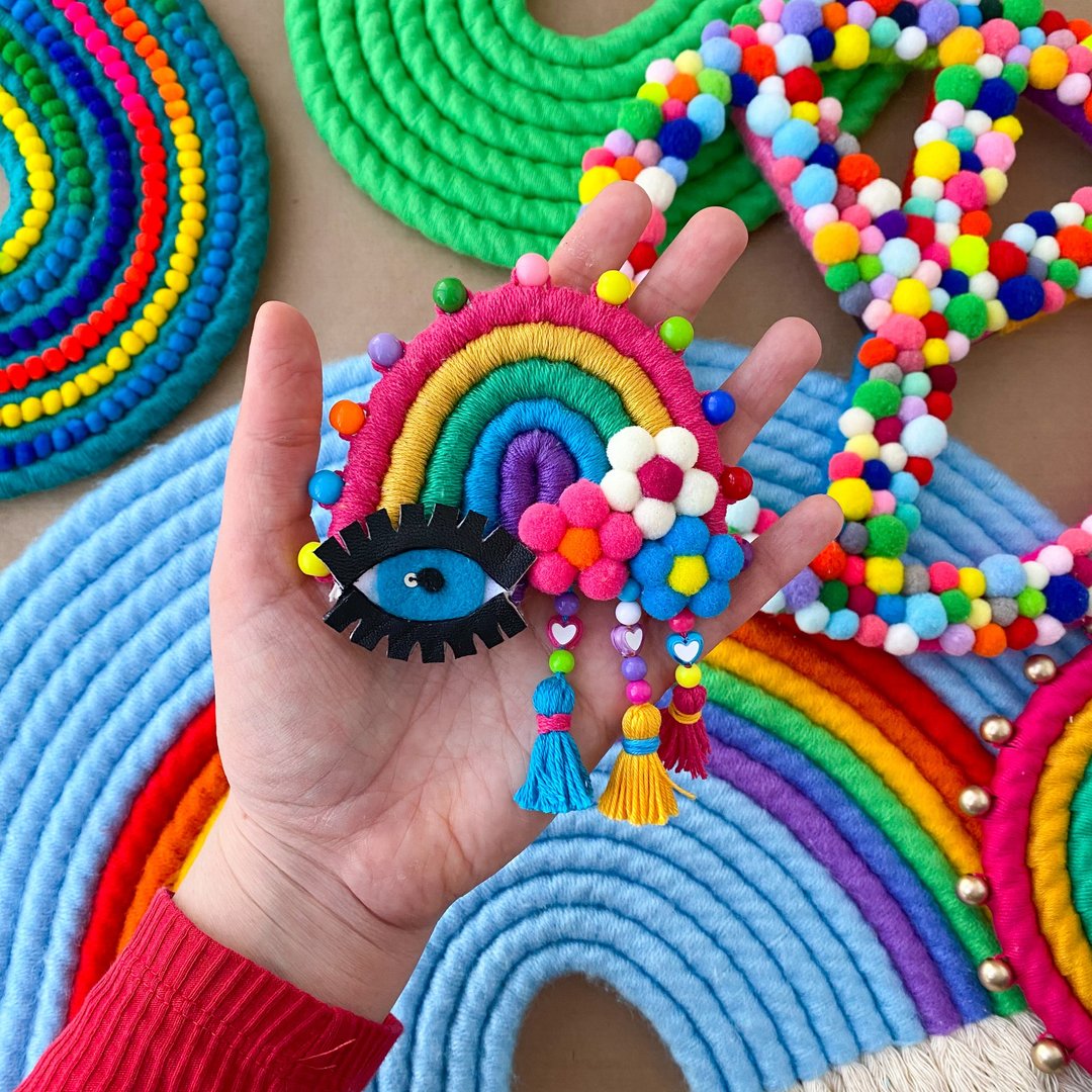 Rearview mirror accessories, Rainbow with evil eye car charm, Hippie 60s, 70s - 墙贴/壁贴 - 其他材质 多色