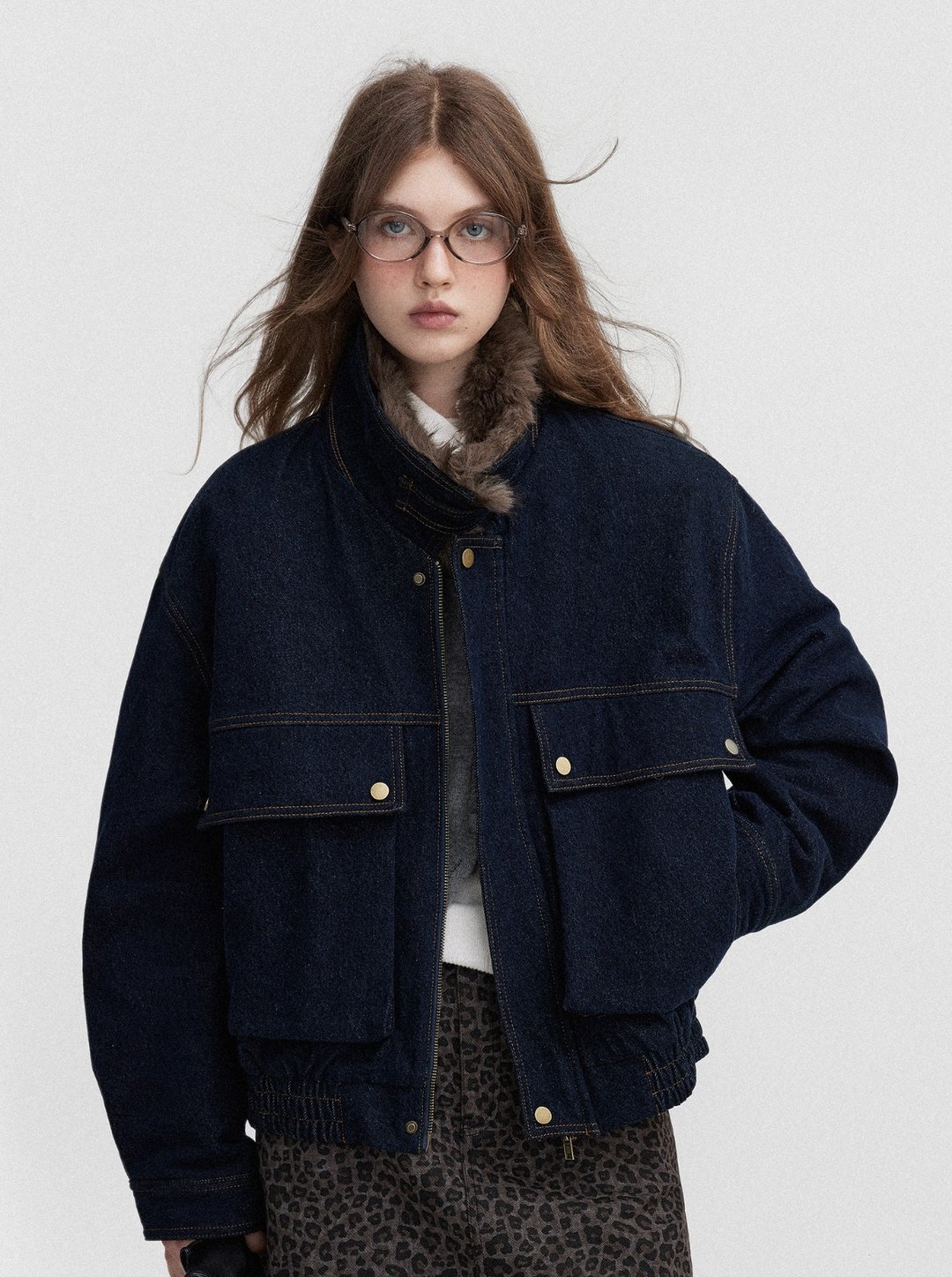 Denim / 短夹克棉衣外套 / 毛领可拆卸 - 女装休闲/机能外套 - 其他材质 蓝色