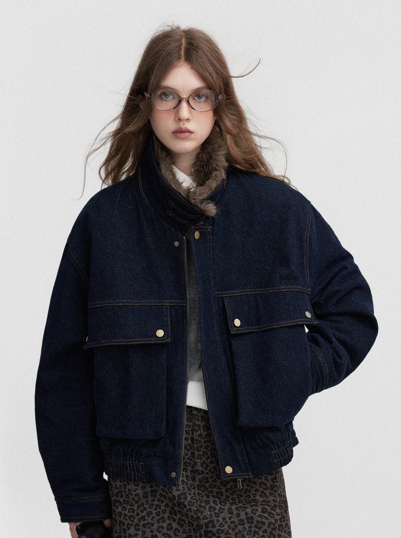 Denim / 短夹克棉衣外套 / 毛领可拆卸 - 女装休闲/机能外套 - 其他材质 蓝色