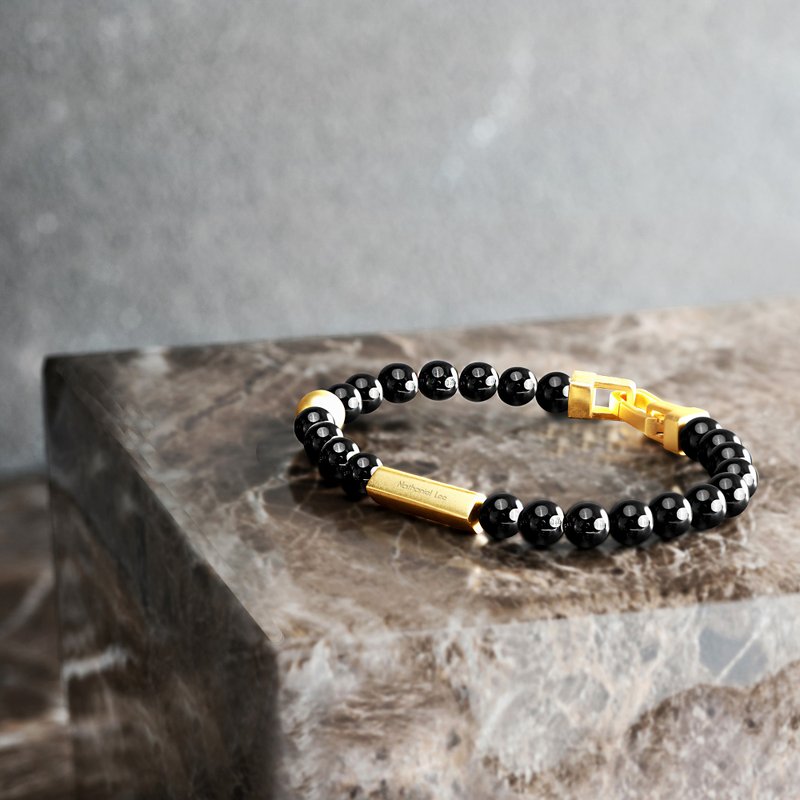 Alaric 定制化刻字 水晶手链 父亲节礼物 (青金石/虎眼石/黑曜石) - 手链/手环 - 真皮 黑色