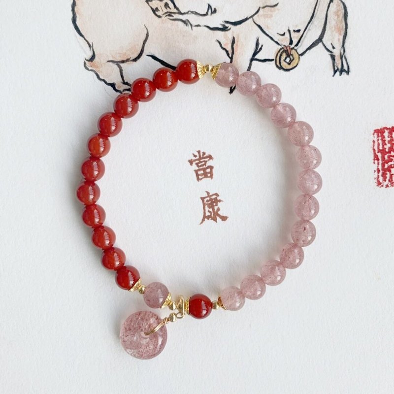原创手工天然红玛瑙草莓晶串珠招桃花平安扣吊坠手链好运爱情手串 - 手链/手环 - 玉石 粉红色