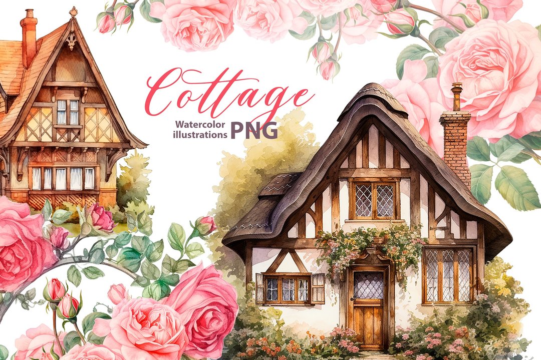 水彩英国小屋剪贴画套装，7 Png，复古老房子剪贴画 - 电子手帐及素材 - 其他材质 