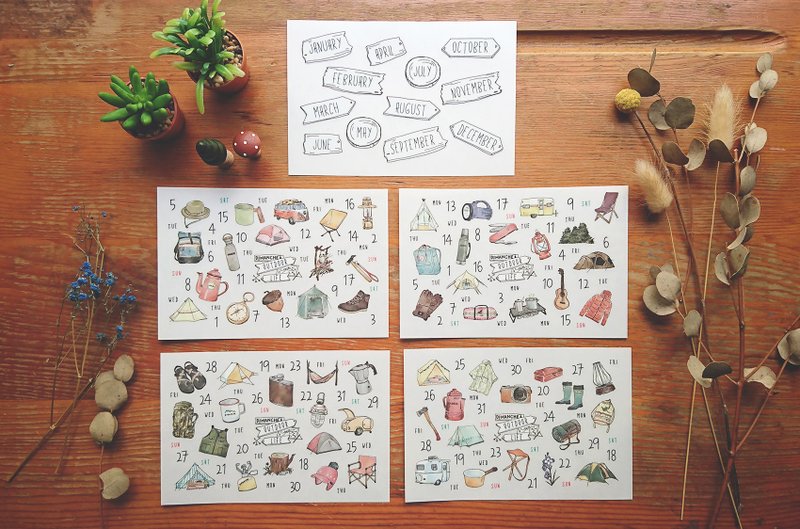 迪梦奇 感压贴 - 无时效日付贴/露营 内含五张一组/手帐专门 - 贴纸 - 纸 多色