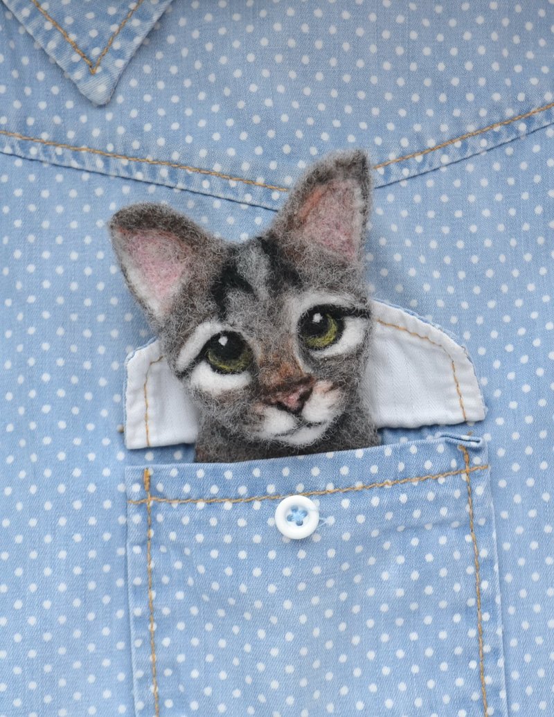 照片中的个性化猫肖像别针 定制宠物复制品毛毡羊毛猫胸针 - 胸针 - 羊毛 灰色