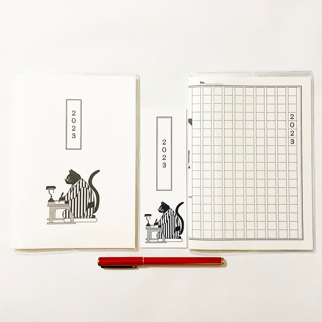 10月开始 2023年 文豪猫稿纸 日程手帐 双插画封面 书签 B6 共64页 猫咪 钢笔 - 笔记本/手帐 - 纸 黑色