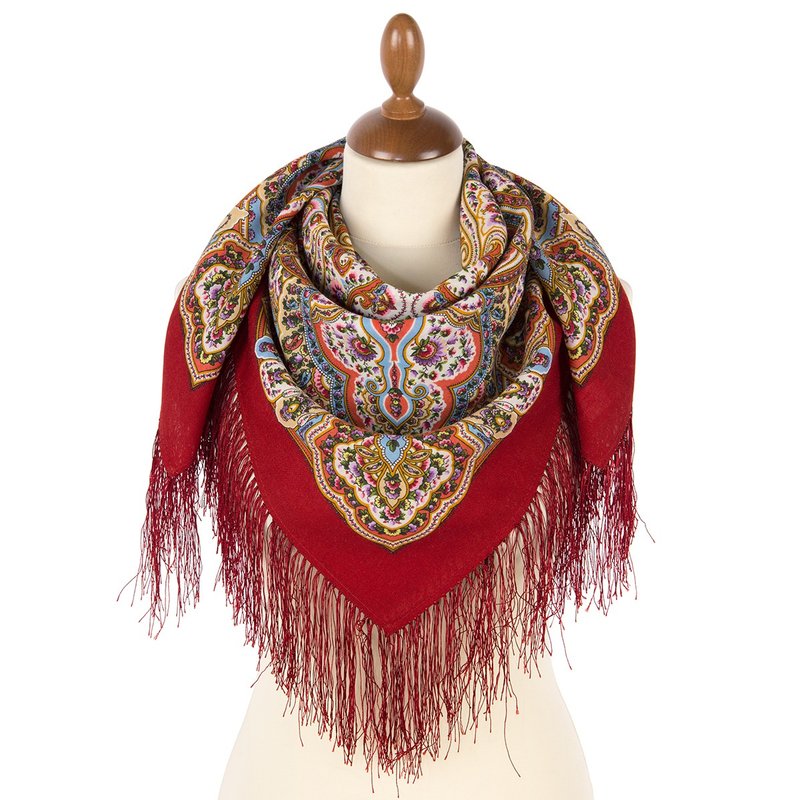 正品 Павло́во Поса́д 俄罗斯披肩 围巾 柔软 100% 羊毛 89x89 厘米 1937-5 - 丝巾 - 羊毛 红色