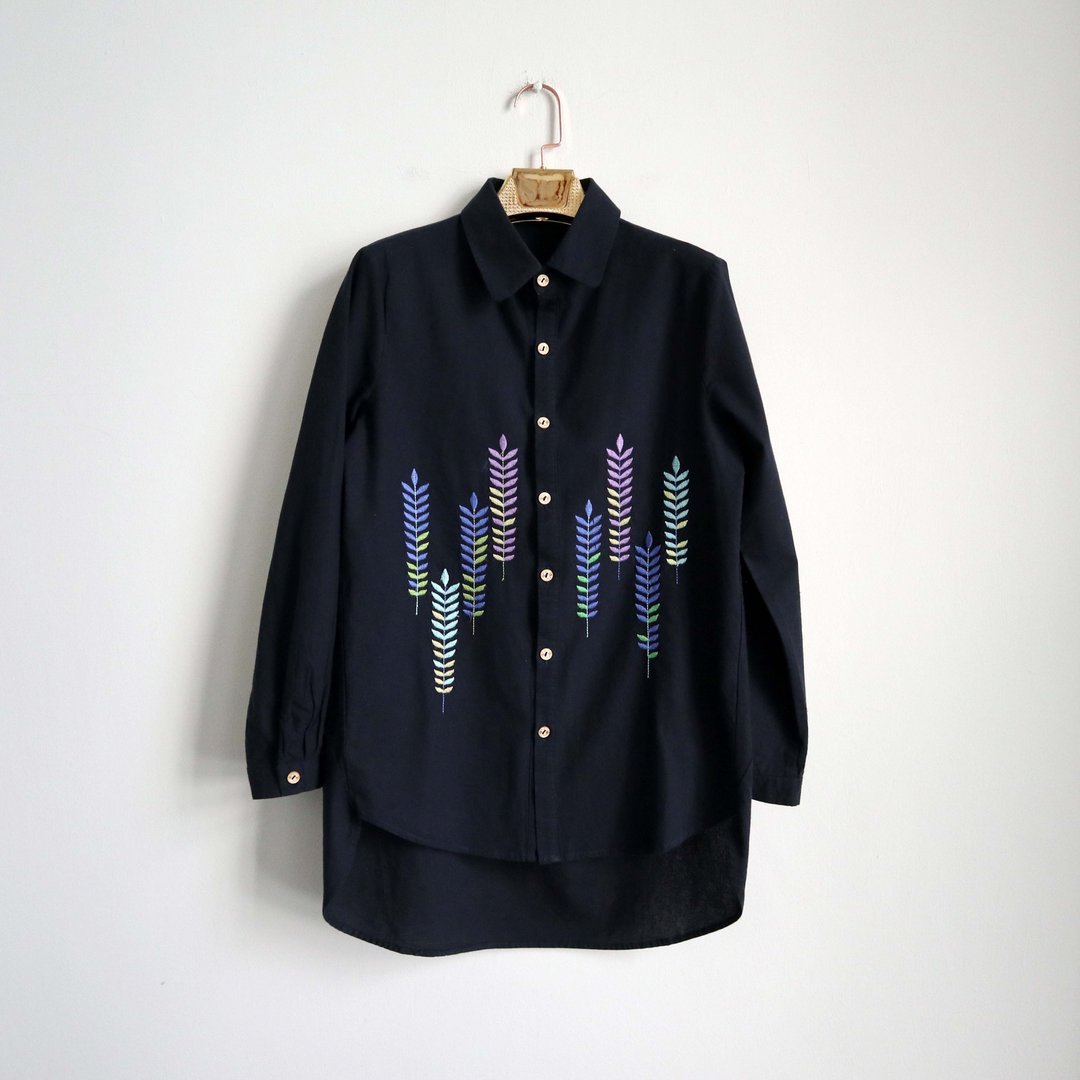 南瓜Vintage。古着 深蓝 刺绣 长袖 衬衫 - 男装衬衫 - 棉 