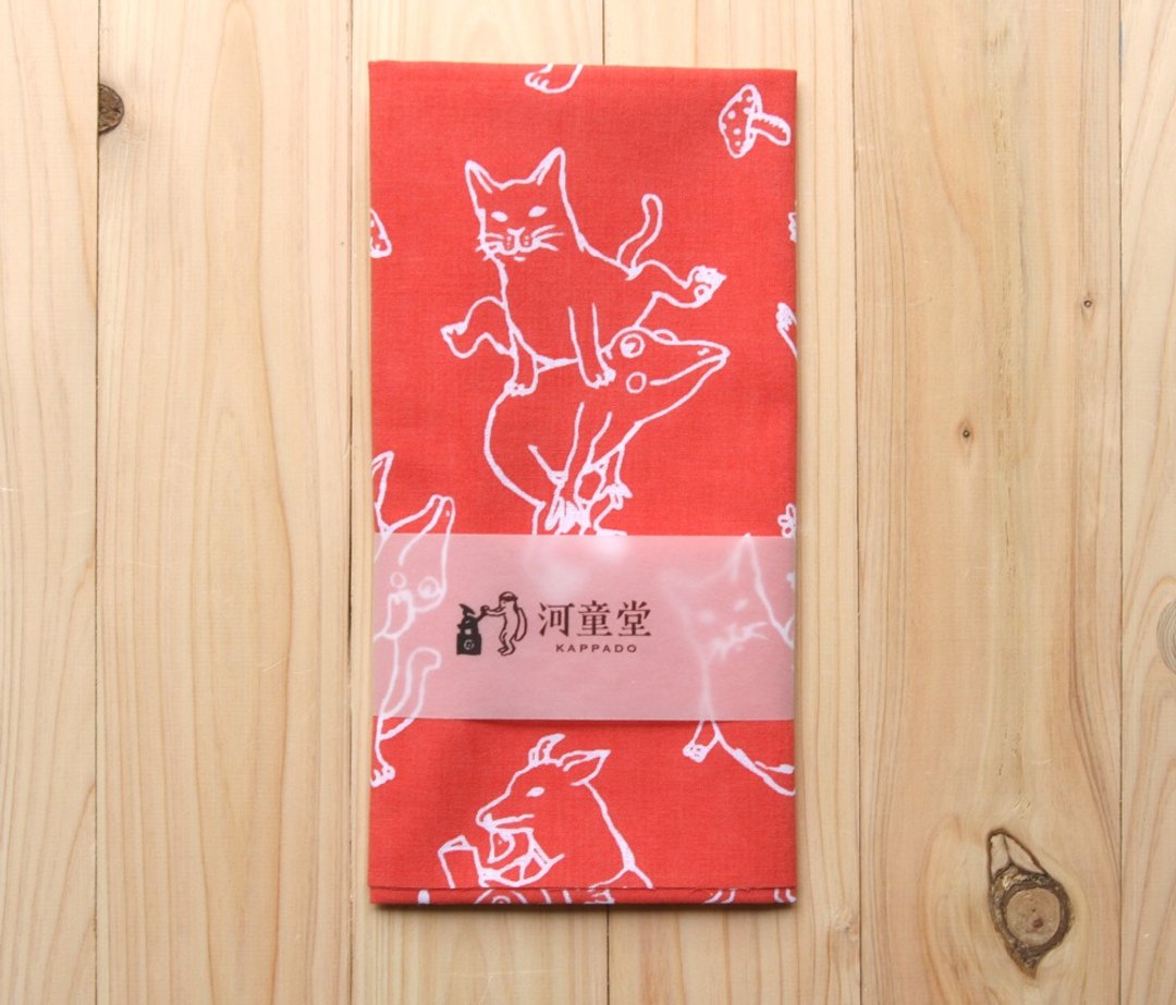 Cat and frog's towel red - 丝巾 - 棉 红色