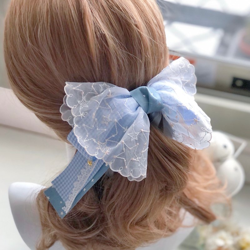 淑女花卉蕾丝相交夹拼色香蕉夹仙女夹-天蓝星星 - 发饰 - 其他材质 蓝色