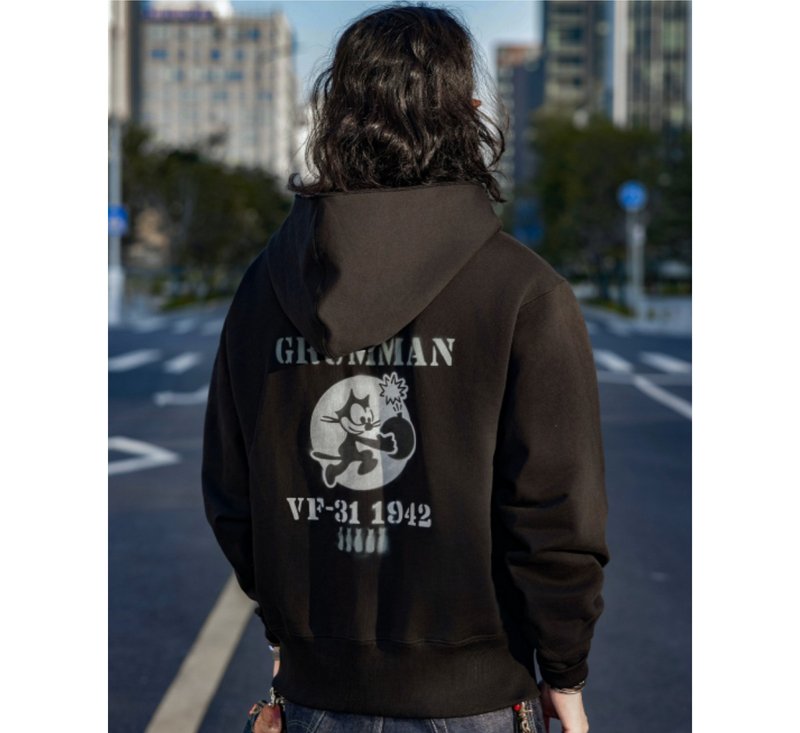 重磅印花连帽卫衣 530g 帽T 二战美军 菲力猫 拳击手口袋 连帽衫 - 中性连帽卫衣/T 恤 - 棉．麻 黑色