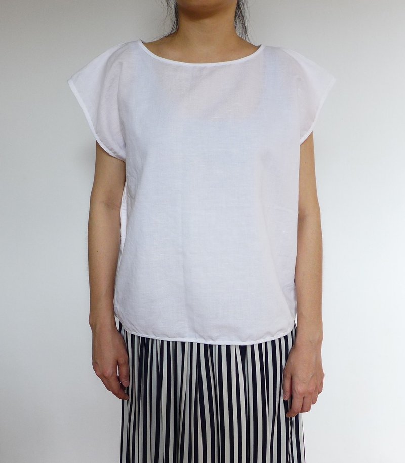 小包袖白色棉麻上衣 - 女装上衣 - 棉．麻 白色