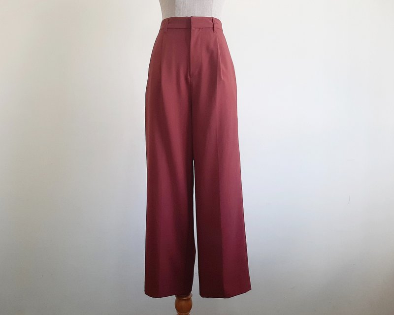 复古红棕色高腰打褶长裤 女款 S 尺码 26 27 - 男士长裤 - 聚酯纤维 咖啡色