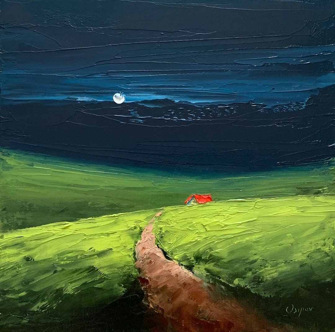 Original Oil Painting On Canvas Night Landscape Green Field Textured Impasto Art - 墙贴/壁贴 - 棉 多色
