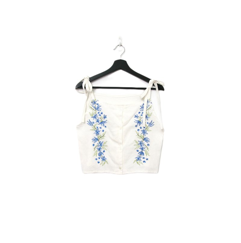 Back to Green-再制绑带刺绣 蓝花枝叶  sv-38/ vintage vest - 女装背心 - 棉．麻 