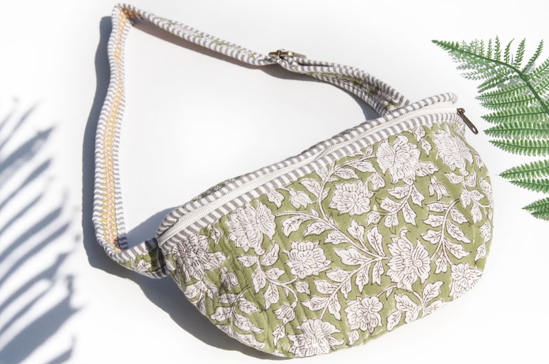 随身腰包 木刻印腰包 盖印侧背包 斜背包 胸前随身包 单肩包-花 - 侧背包/斜挎包 - 棉．麻 绿色