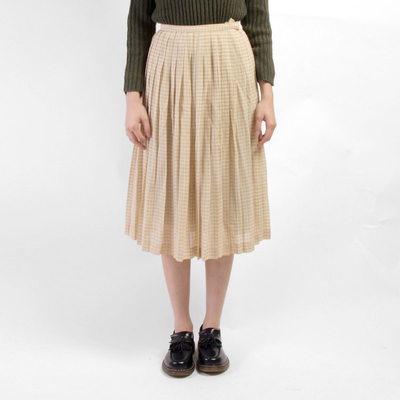 │moderato│日系清爽格子百褶古着裙│vintage.森林复古.英伦.文艺.日本女孩 - 裙子 - 聚酯纤维 卡其色