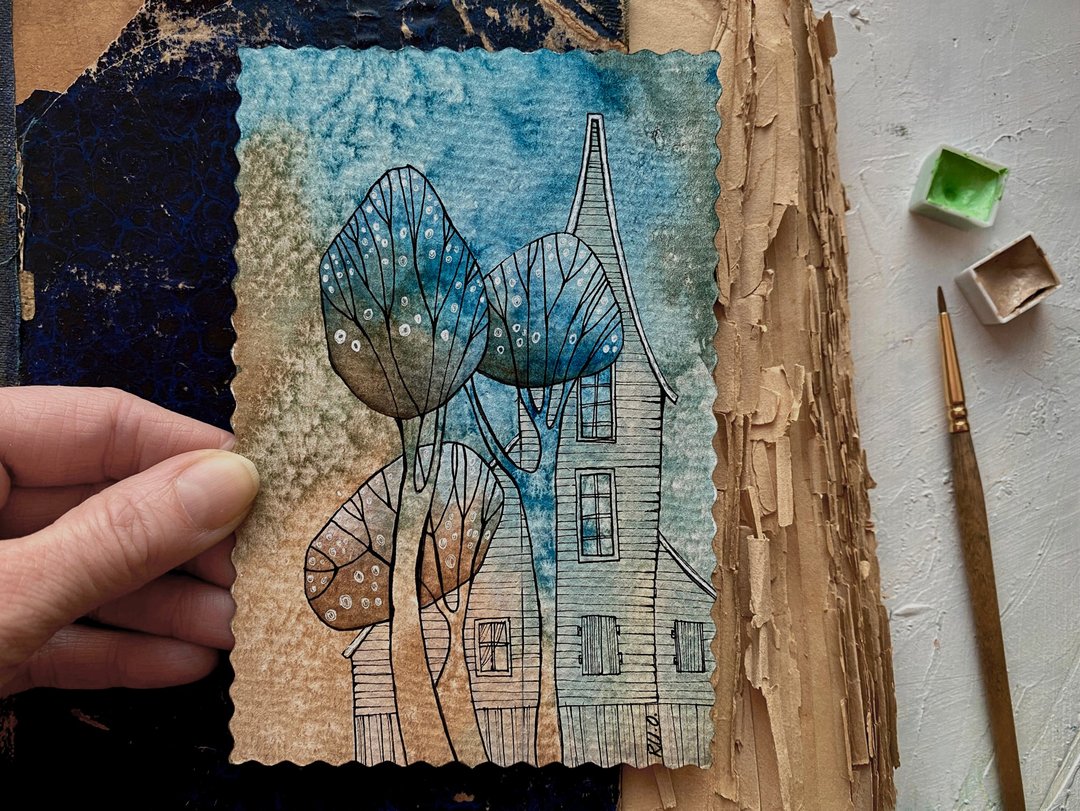 House painting Original watercolor Mini artwork Small wall art Miniature - 海报/装饰画/版画 - 纸 多色