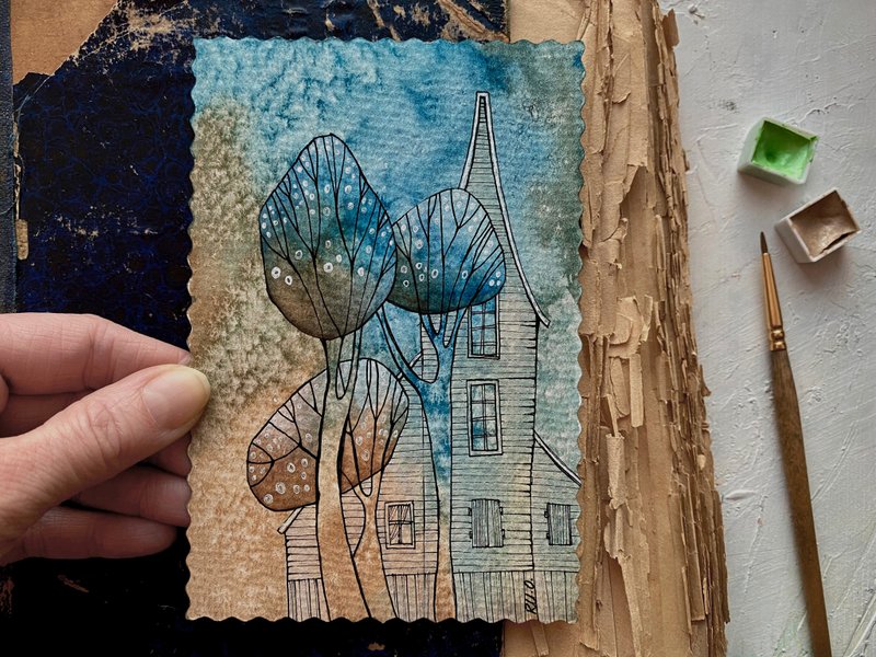 House painting Original watercolor Mini artwork Small wall art Miniature - 海报/装饰画/版画 - 纸 多色