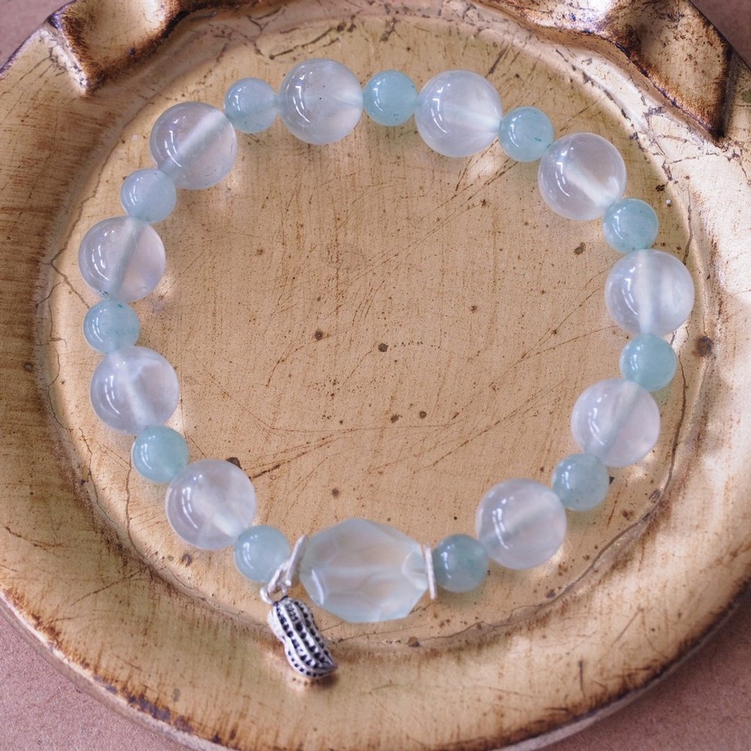 葡萄石 东菱玉 淡绿色的宝石 纯银手链 Prehnite Silver bracelet - 手链/手环 - 半宝石 绿色