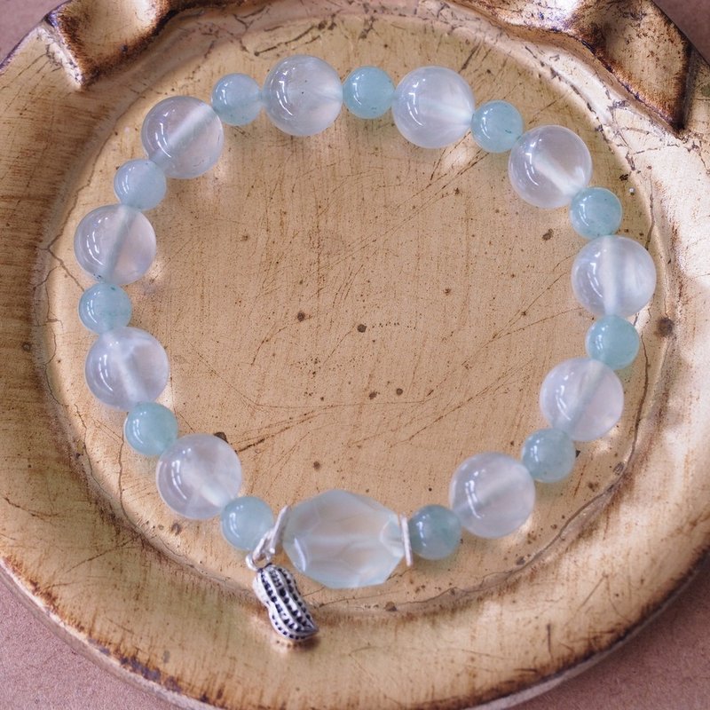 葡萄石 东菱玉 淡绿色的宝石 纯银手链 Prehnite Silver bracelet - 手链/手环 - 半宝石 绿色