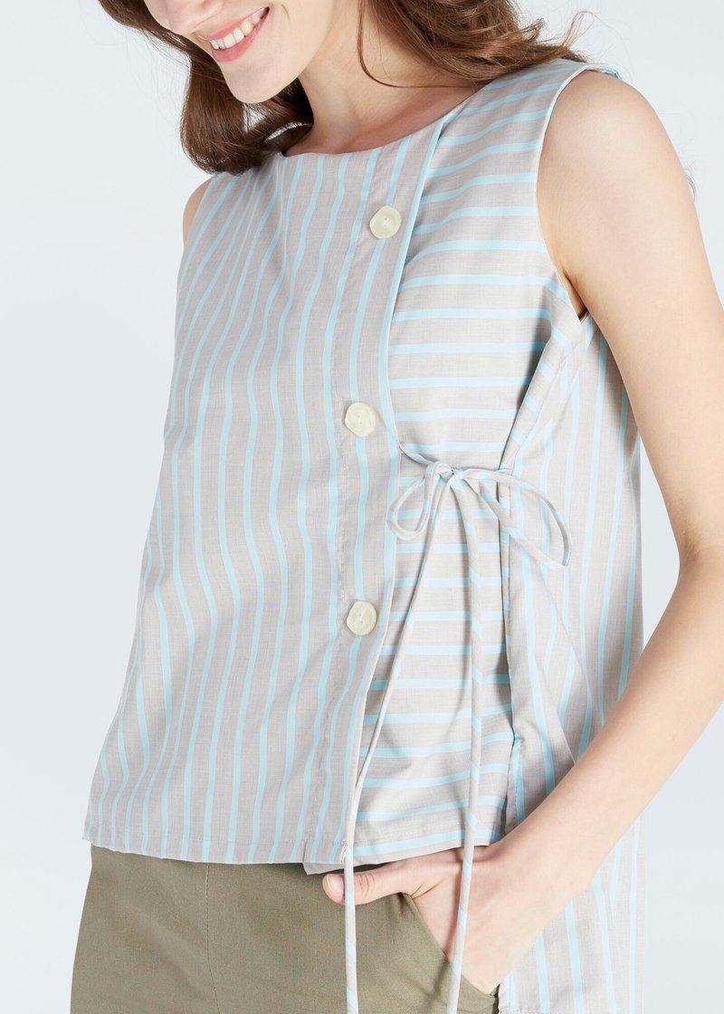 Stripe Wrap Top - Blue - 女装上衣 - 聚酯纤维 蓝色