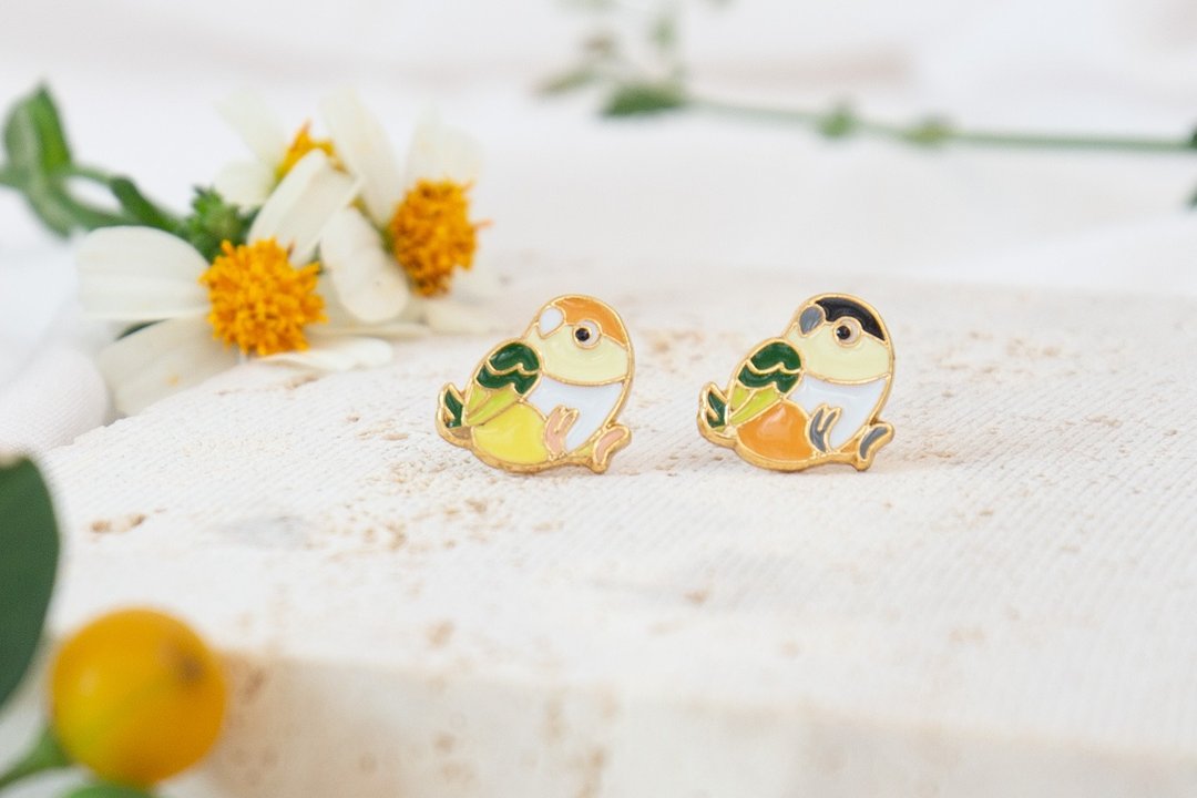 凯克鹦鹉 White-bellied Parrot 鸟 夹式耳环 低敏钢针 生日礼物 - 耳环/耳夹 - 珐琅 多色