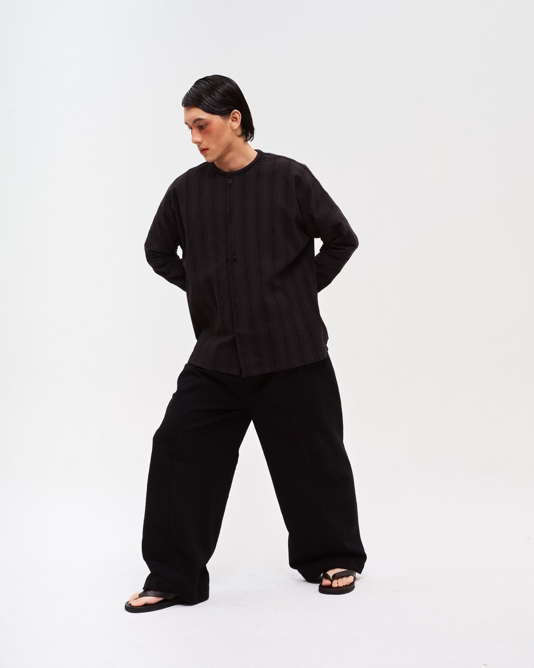 男款：Tart Wide Pants (炭灰) - 男士长裤 - 亚麻 黑色