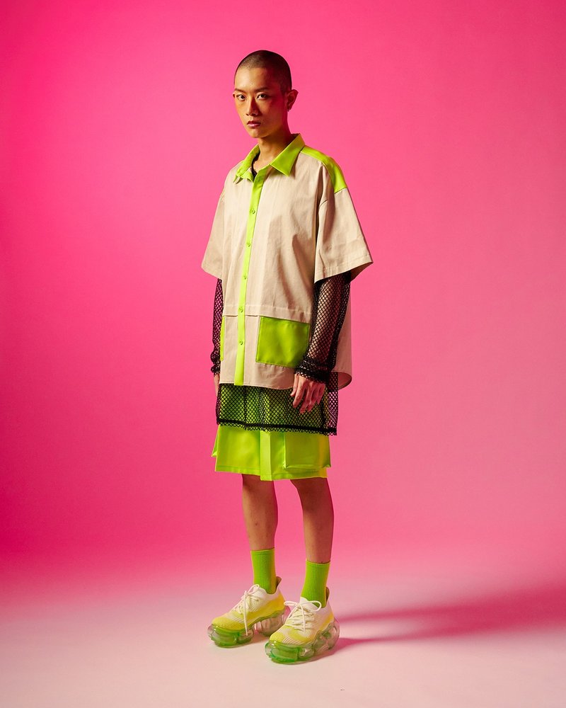 卡其撞色短袖衬衫 - 男装衬衫 - 棉．麻 卡其色