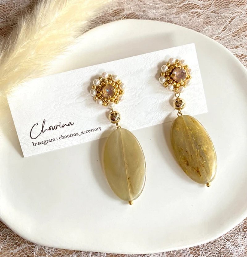 Bijou embroidery Clip-On, earrings - 耳环/耳夹 - 其他金属 卡其色