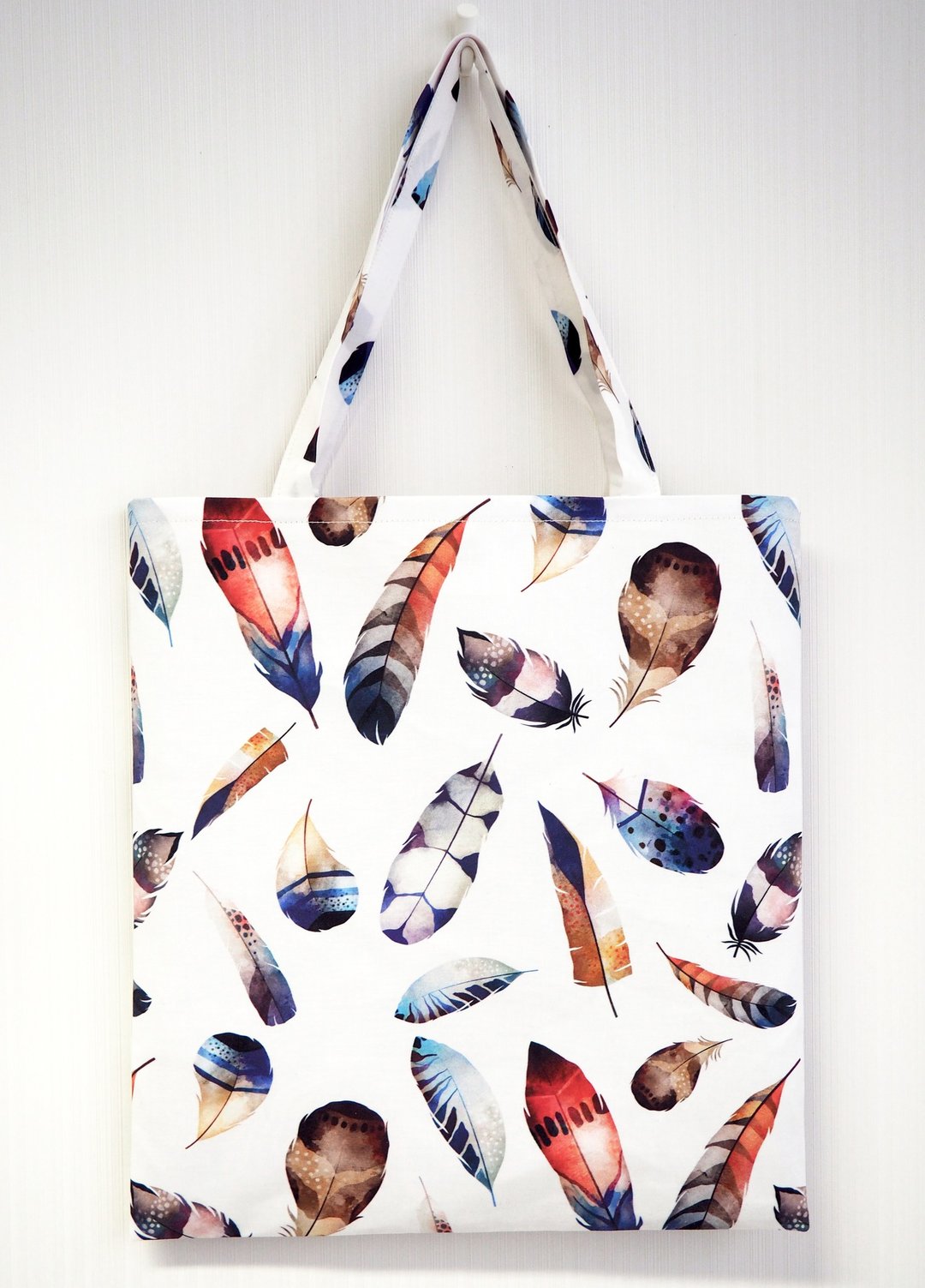 羽毛图案印花布 tote bag 肩背包 肩袋 独特 - 侧背包/斜挎包 - 棉 白色