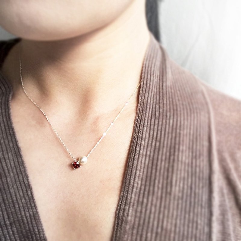 K10YG/SV925 红石榴石项链，一月诞生石，珍珠简约项链 - 项链 - 珍珠 红色