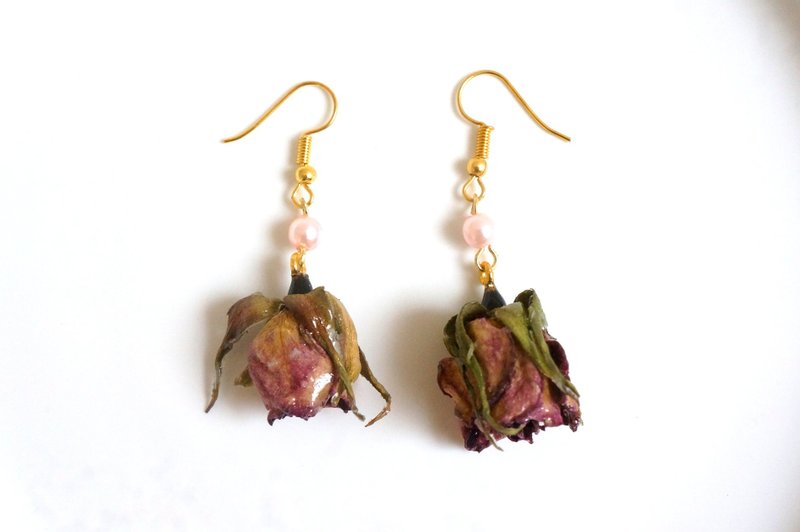 迷你玫瑰||干燥花真花耳环 不凋花 耳环 干燥花 手作 饰品 - 耳环/耳夹 - 植物．花 粉红色