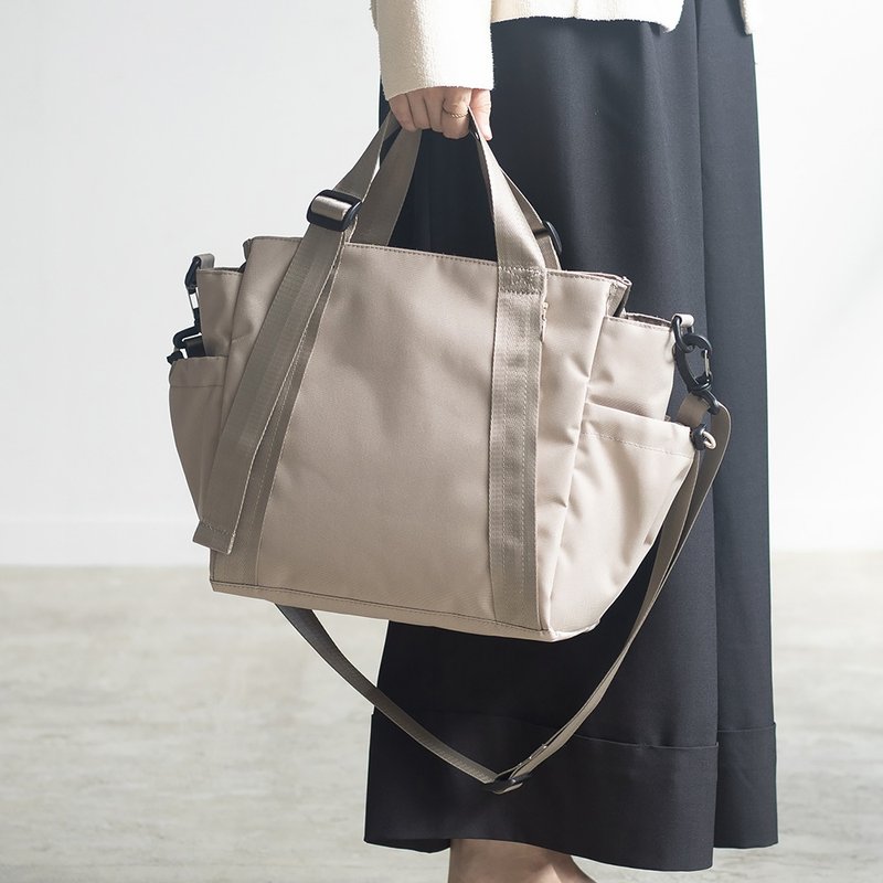 中号【驼色】10口袋3WAY多用托特包 防泼水尼龙 侧背斜背 A4 - 侧背包/斜挎包 - 尼龙 卡其色